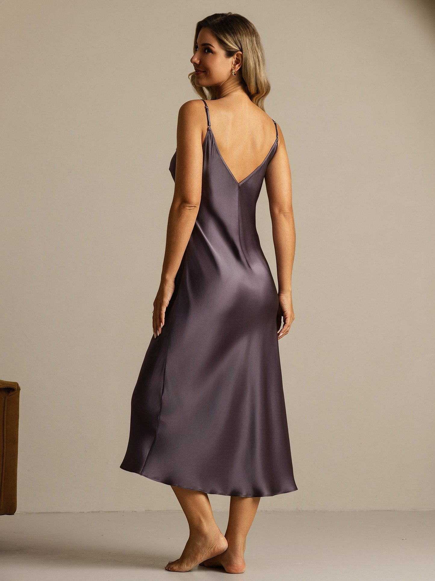 Pure Silk Spaghetti Strap Long Nightgown with Lace Split Design