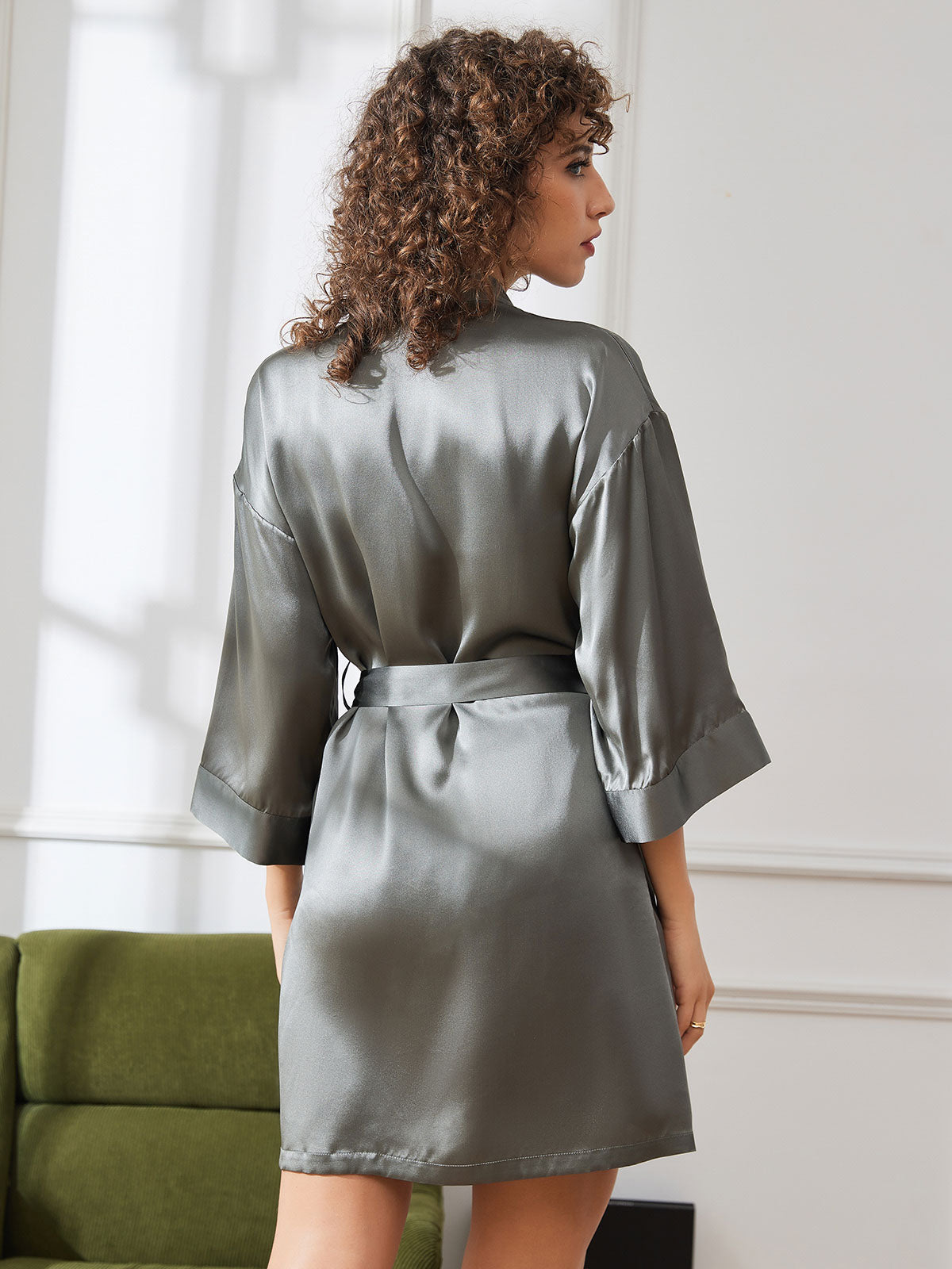 Pure Silk Short Women's Kimono Dressing Gown with Wrap Design