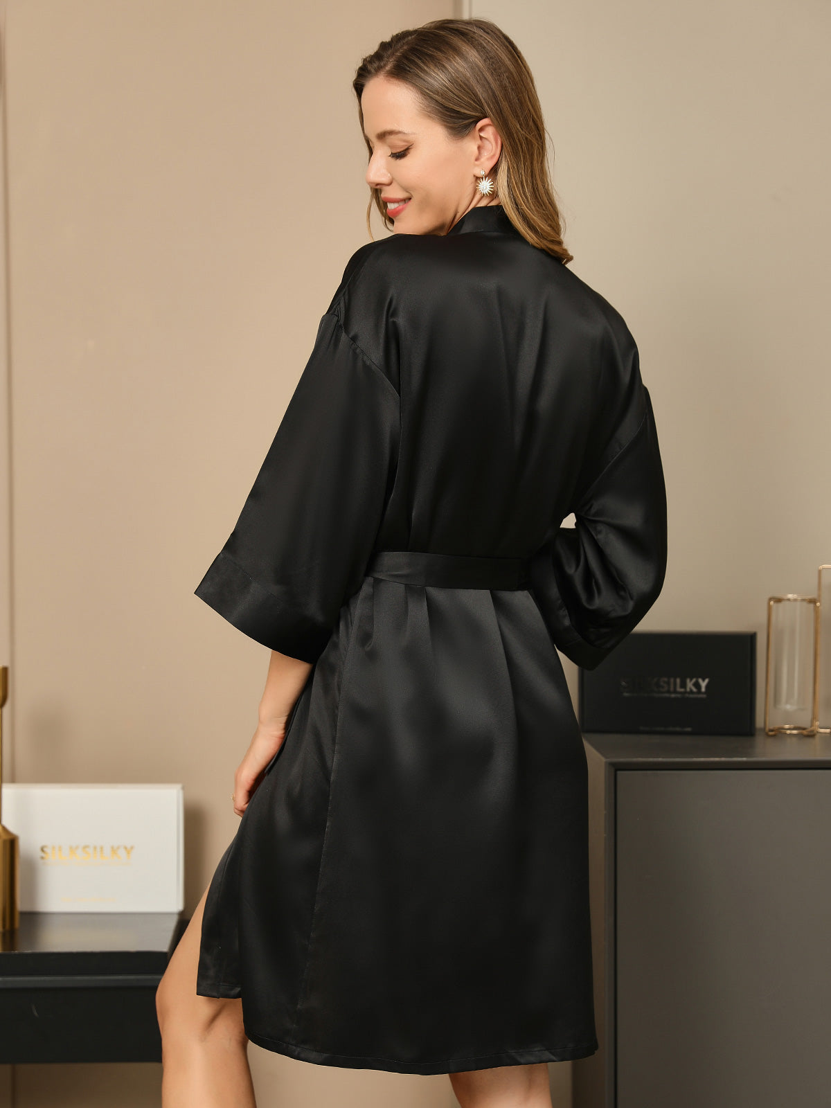Pure Silk 3/4 Sleeve Women's Kimono Wrap Dressing Gown