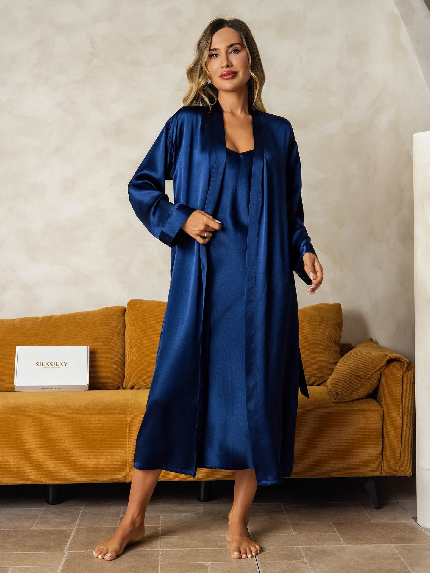 Pure Silk V-Neck Midi Nightdress & Dressing Gown Set 2Pcs