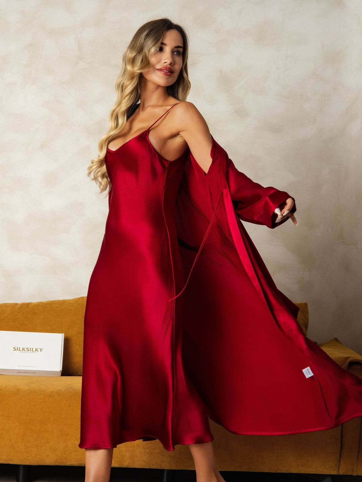 Pure Silk V-Neck Midi Nightdress & Dressing Gown Set 2Pcs