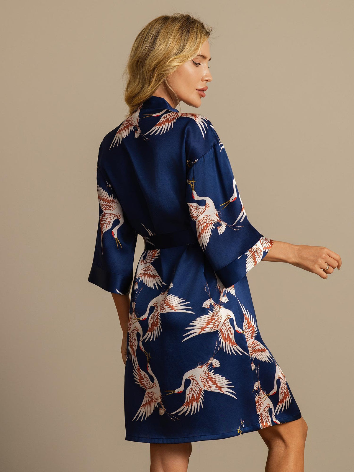 19Momme Pure Silk Crane Print Belted Wrap Women's Kimono Robe