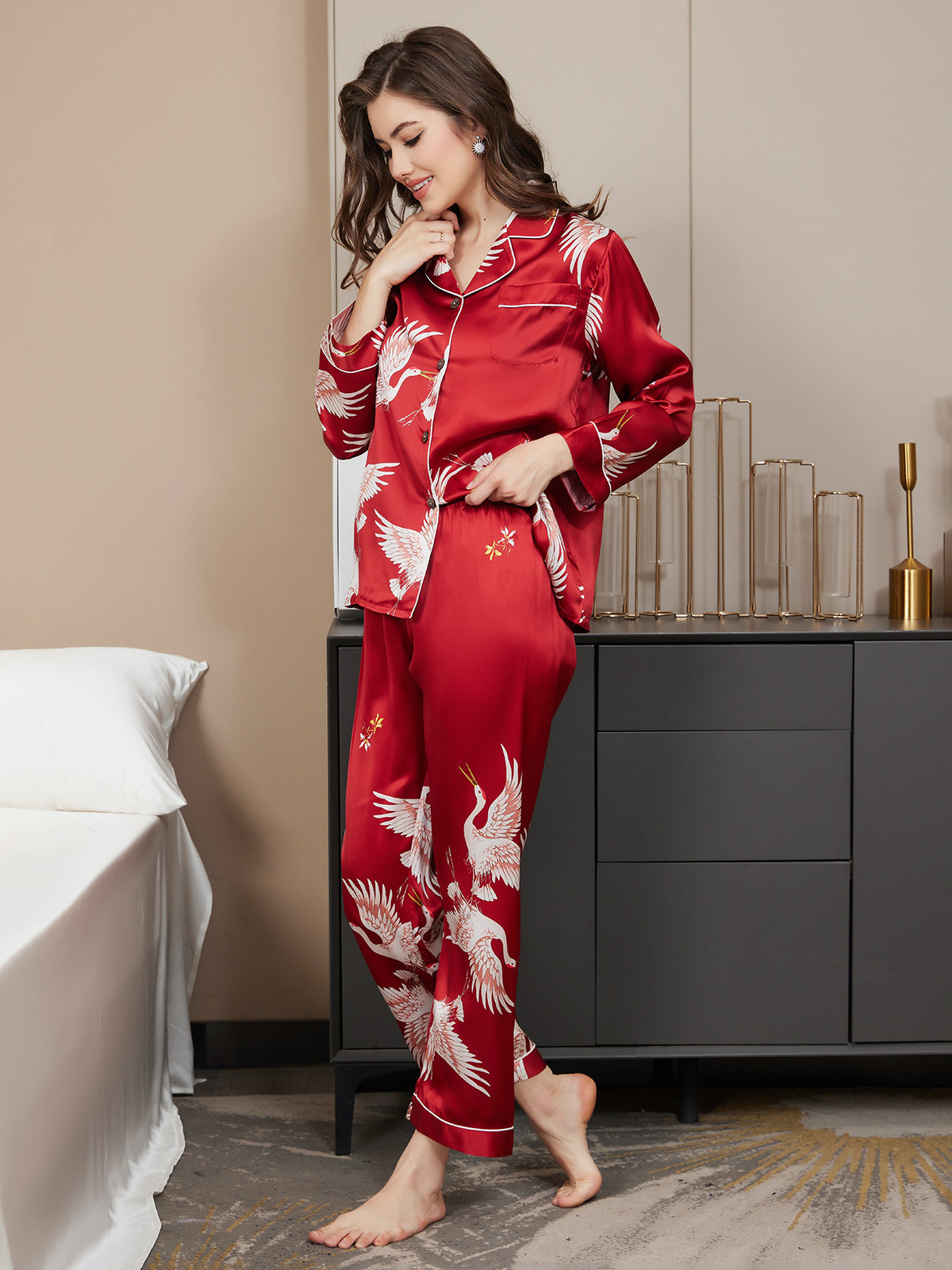 19Momme Women's Pure Silk Crane Print Long Sleeve Pyjamas Set