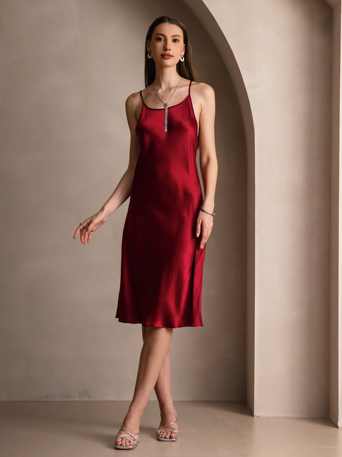 Pure Silk Spaghetti Strap U Neck Knee Dress with Split Criss Cross V-Back Design