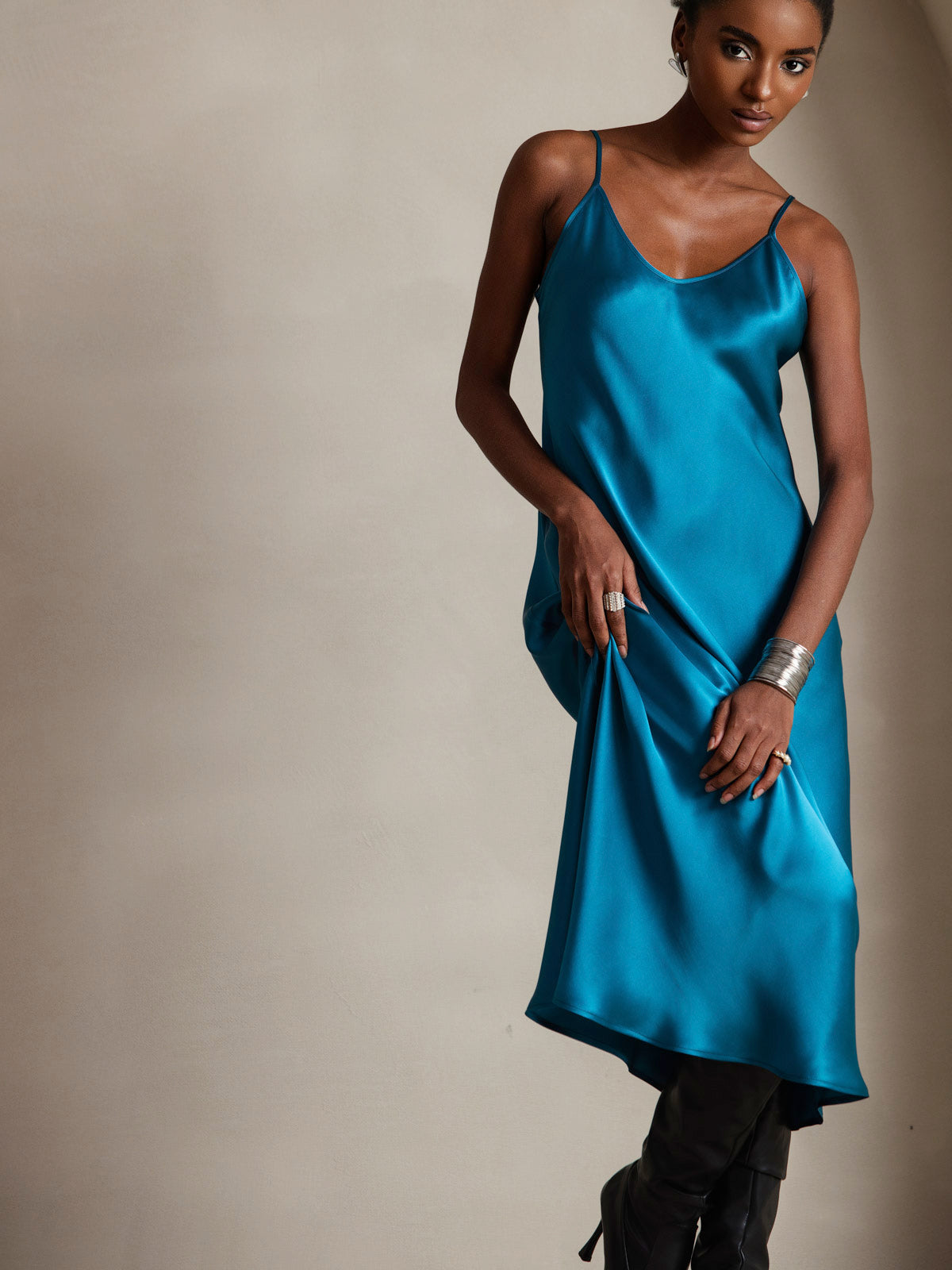 Pure Silk Spaghetti Strap Midi Dress