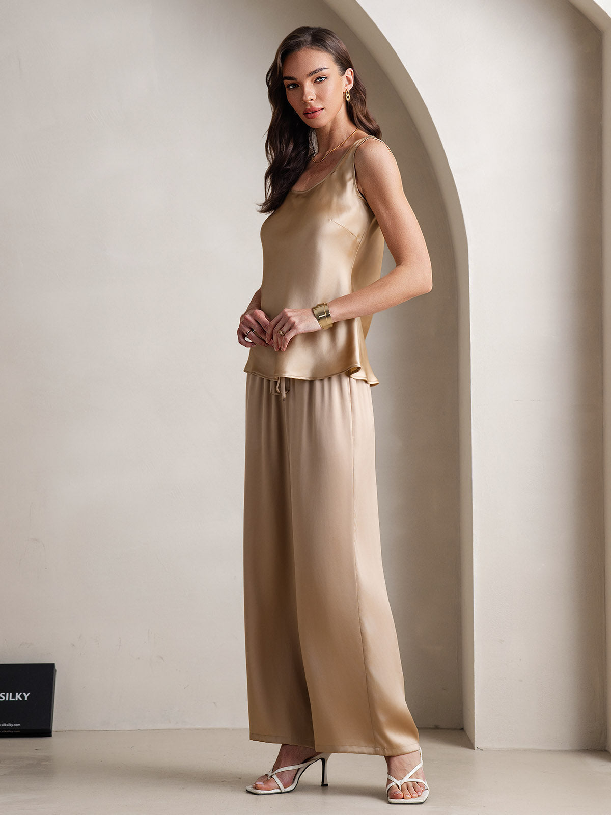 Pure Silk Sleeveless U-Neck Tank Top & Wide Leg Pants Set