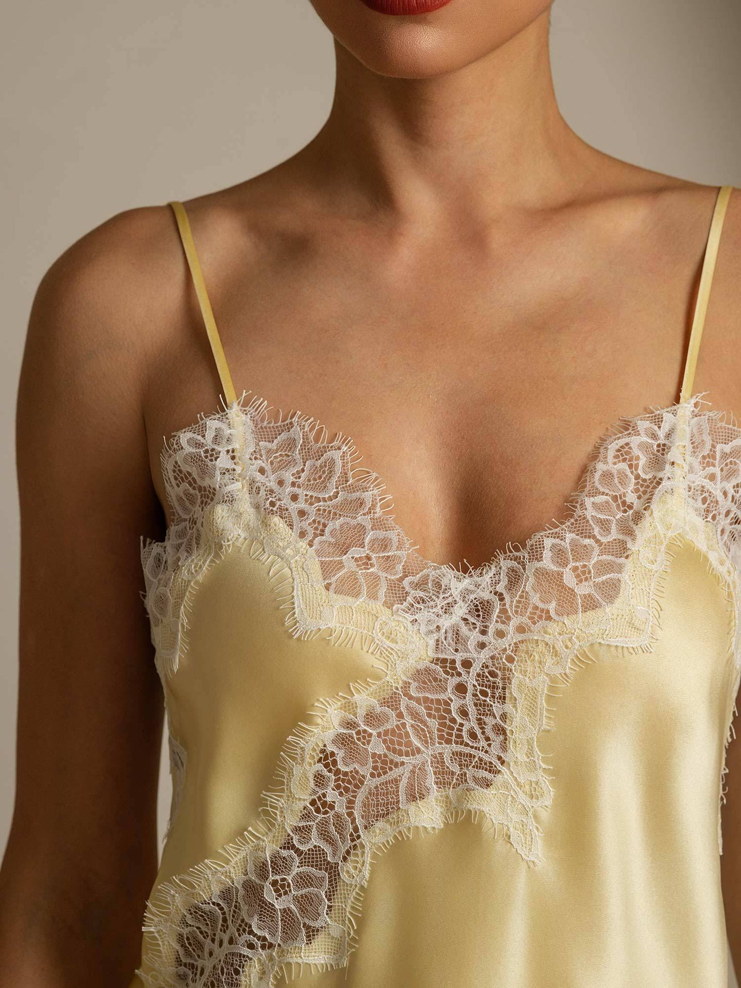 Pure Silk Spaghetti Straps Lace Camisole Top with Asymmetrical Hem