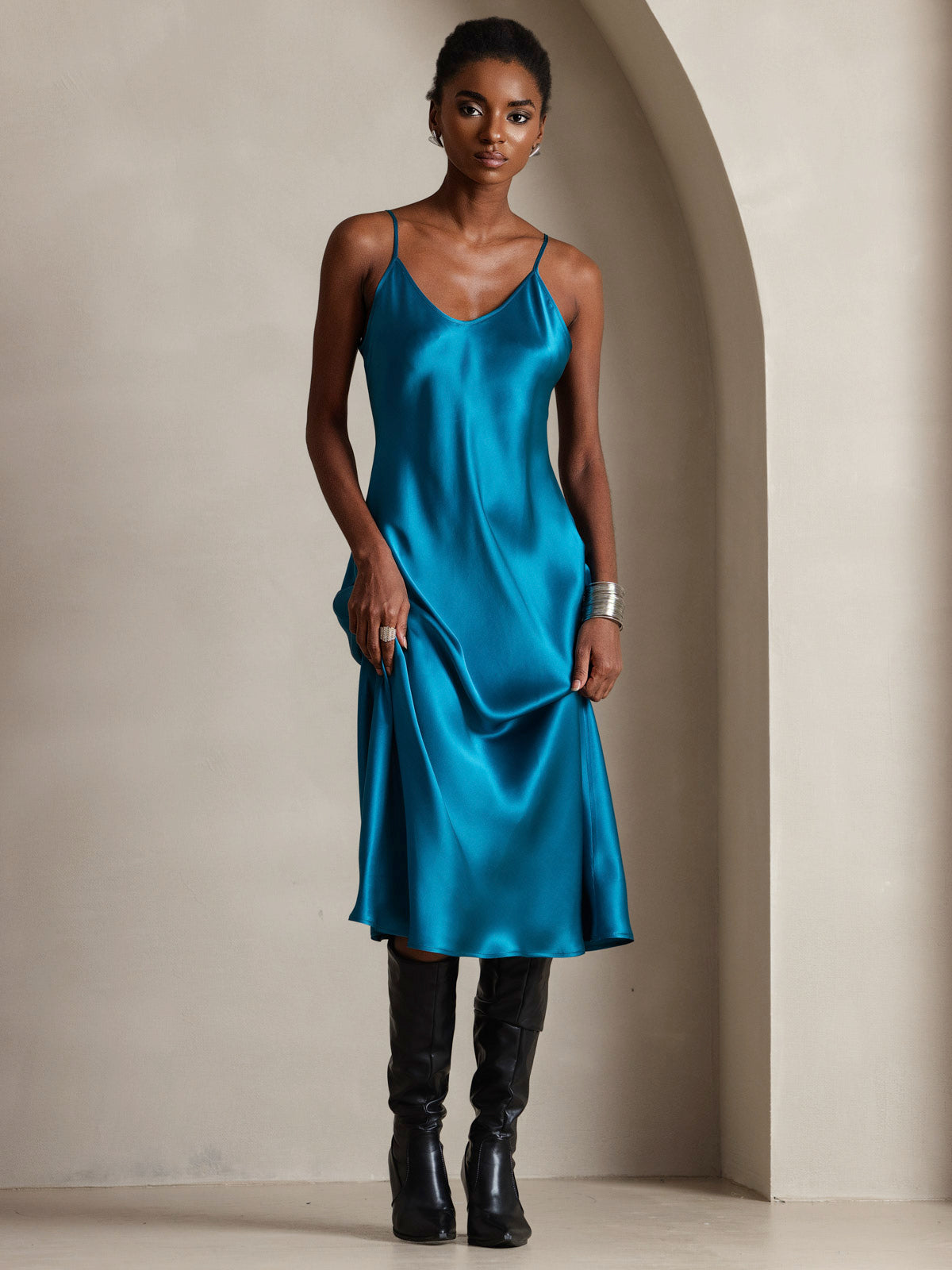 Pure Silk Spaghetti Strap V Neck Midi Dress