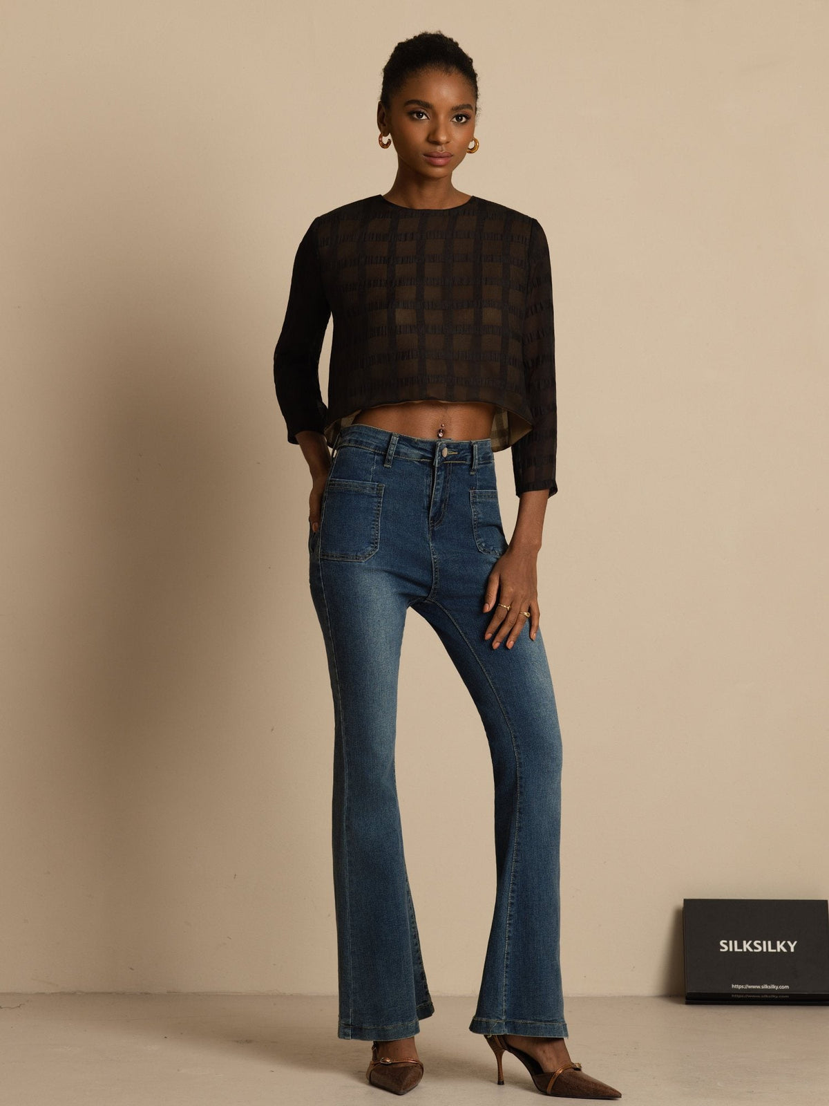 Pure Silk Women's Long Sleeve Textured Grid Crop Blouse with Back Ties