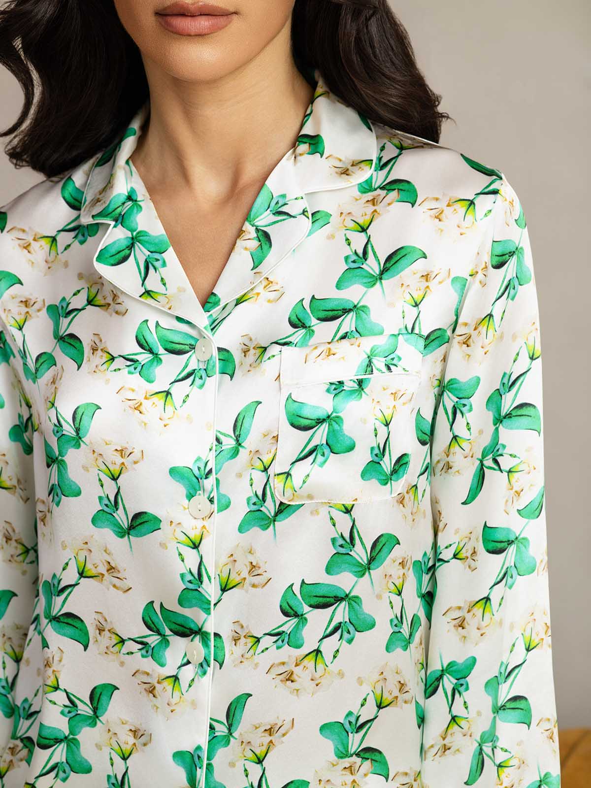 Women's Pure Silk Green Floral Print Long Sleeve Notch Collar Pajamas Set