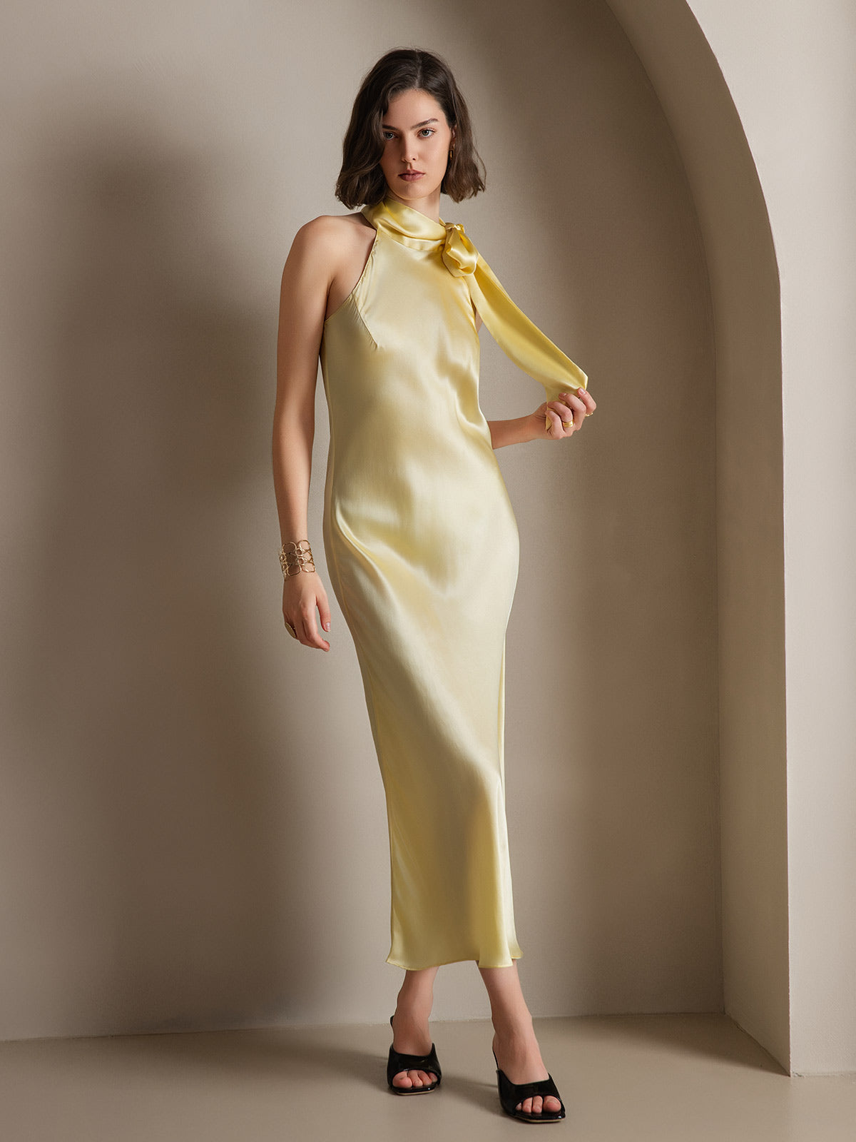 19Momme Silk Sleeveless Tie Neck Midi Dress