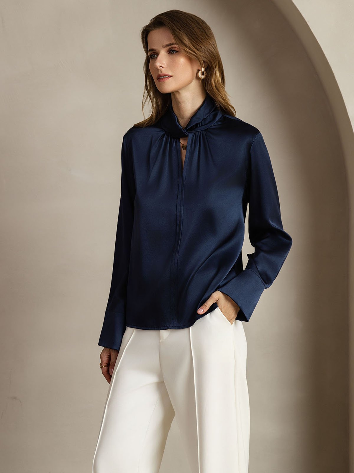 19Momme Silk Keyhole Neck Blouse with Pearl Buttons
