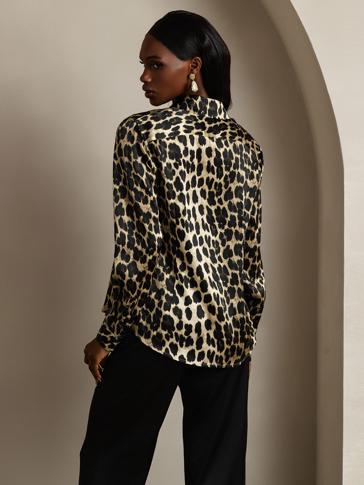 19Momme Silk Leopard Print Long Sleeve Lapel Collar Women's Shirt