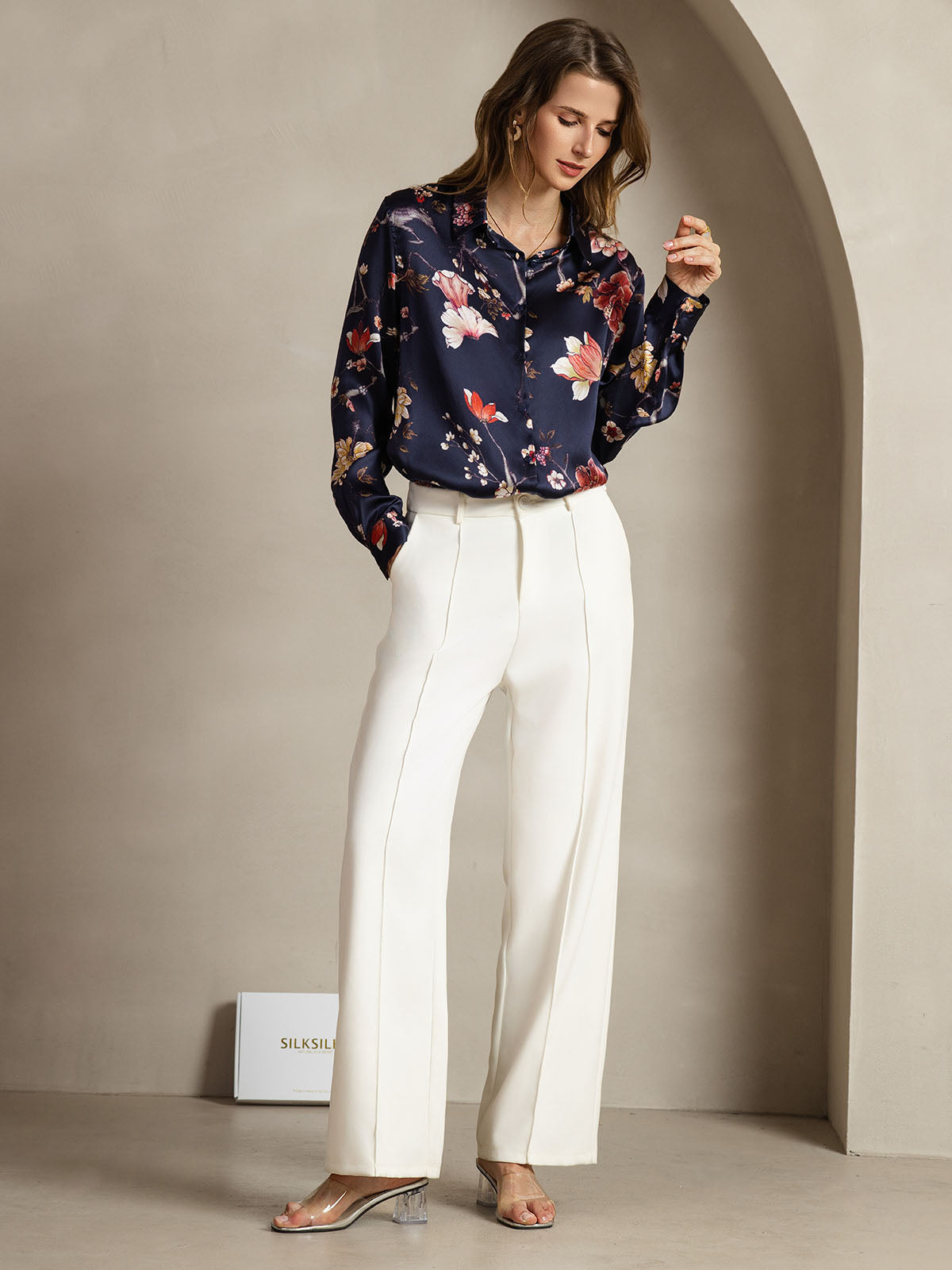 19Momme Silk Navy Floral Print Long Sleeve Lapel Collar Women's Shirt