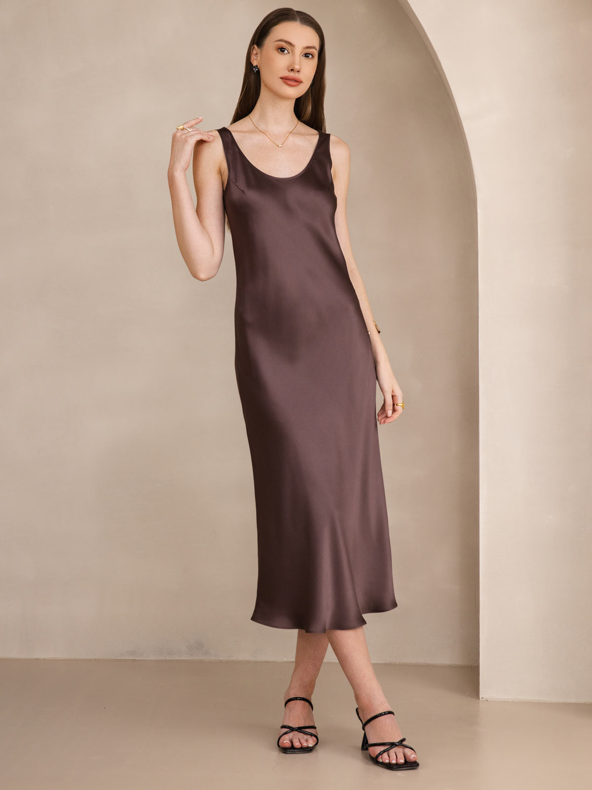 Pure Silk Sleeveless U Neck Midi Dress