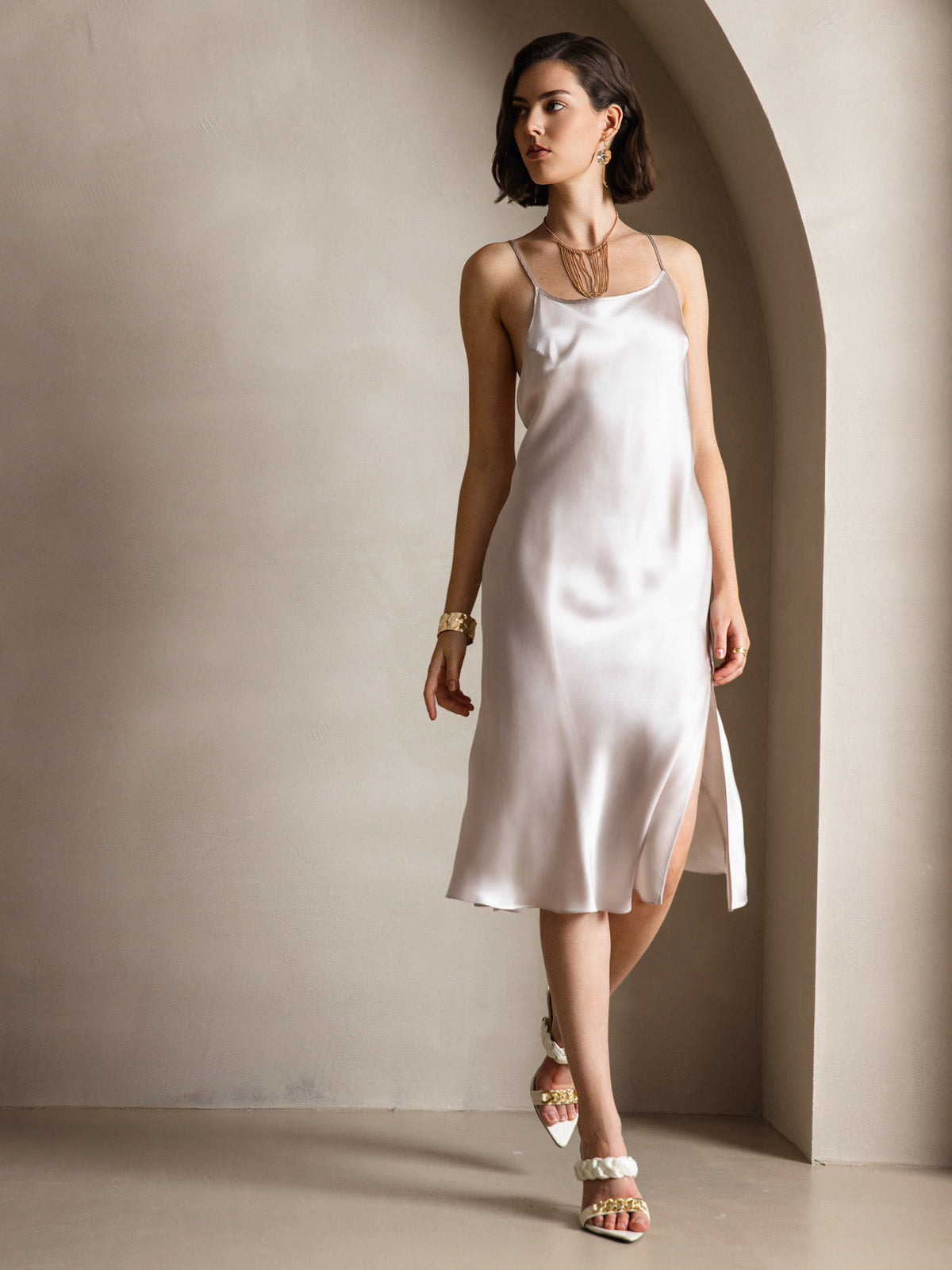 Pure Silk Spaghetti Strap U Neck Knee Dress with Split Criss Cross V-Back Design