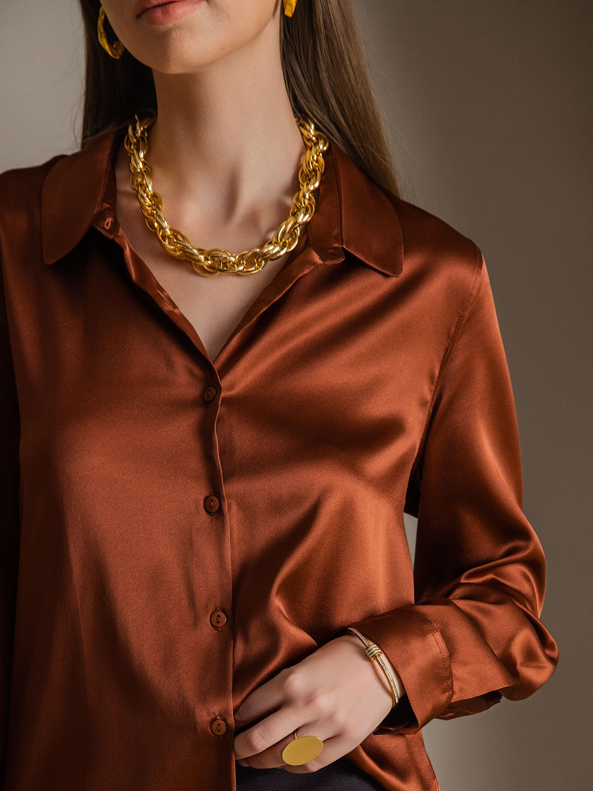 19Momme Silk Long Sleeve Lapel Collar Women's Shirt
