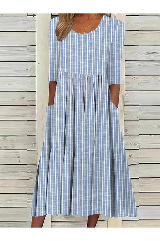 AMANDA | ELEGANT STRIPED TUMMY-COVERAGE MIDI DRESS