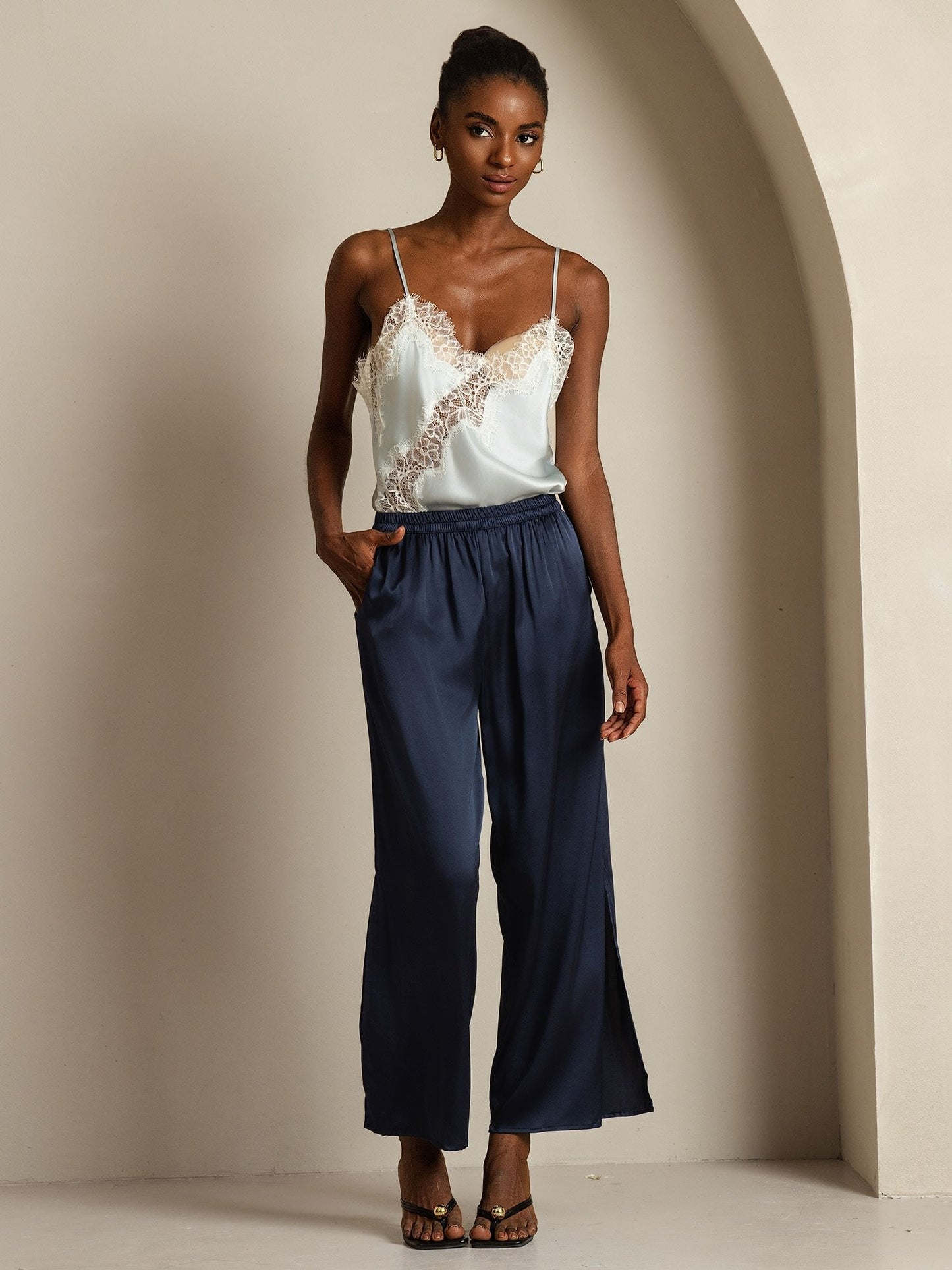 Pure Silk Spaghetti Straps Lace Camisole Top with Asymmetrical Hem