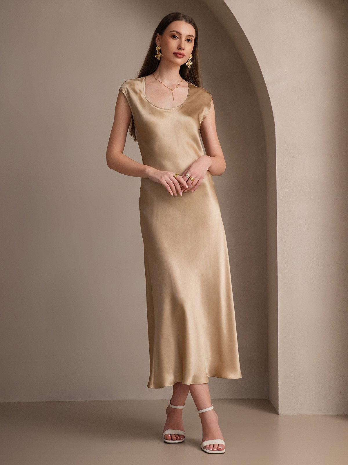 19Momme Silk Cap Sleeve Round Neck Midi Dress