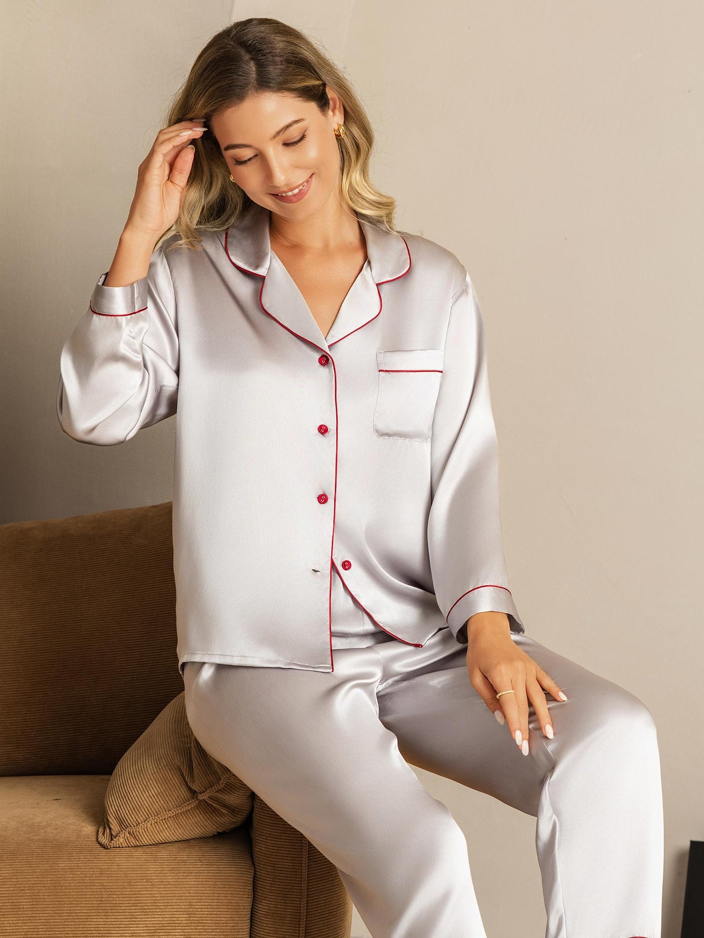 Pure Silk Notch Collar Button Up Women's Pyjamas Set