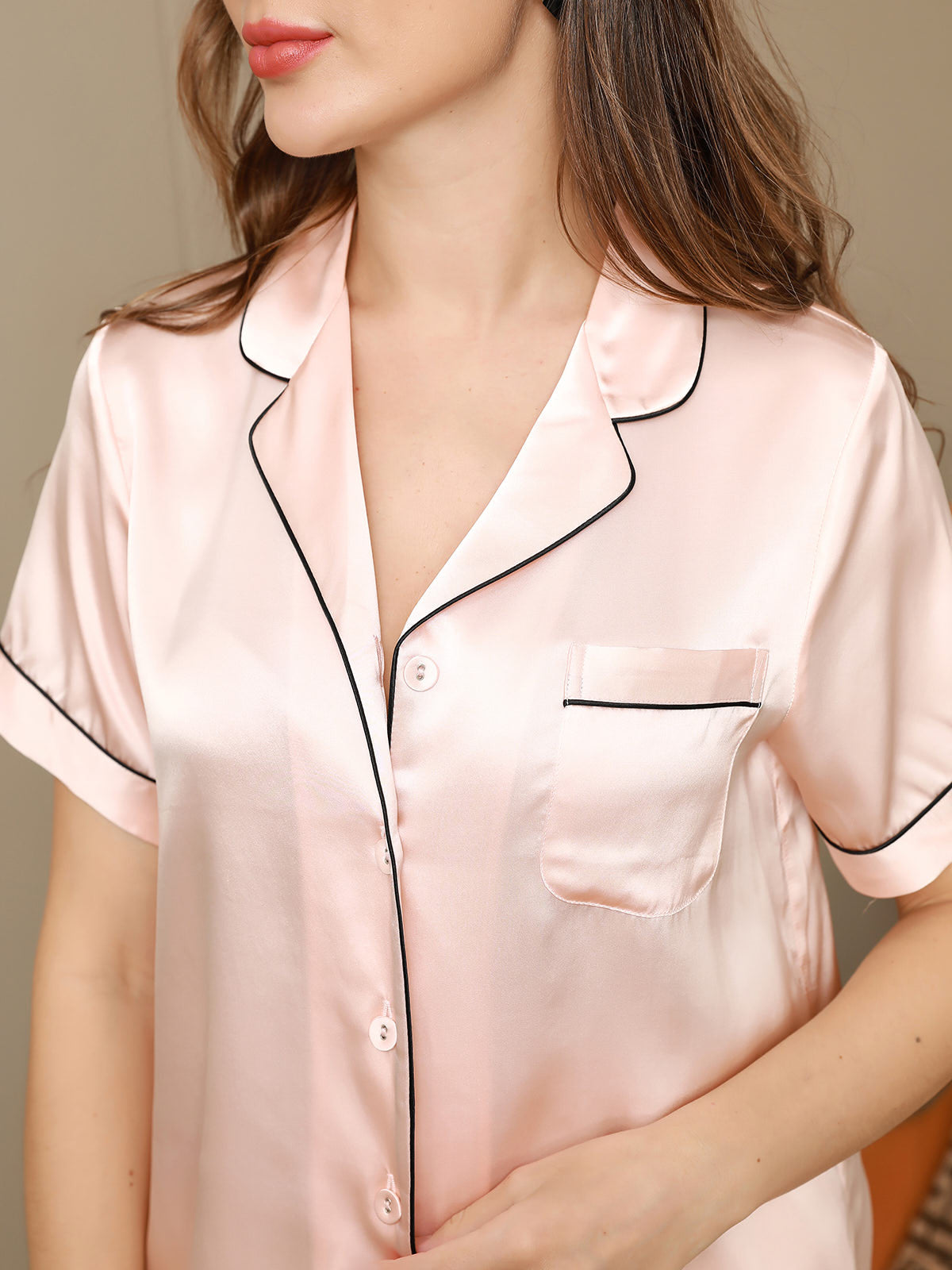 Pure Silk Short Sleeve Notch Collar Above the Knee Women's Pyjamas Set
