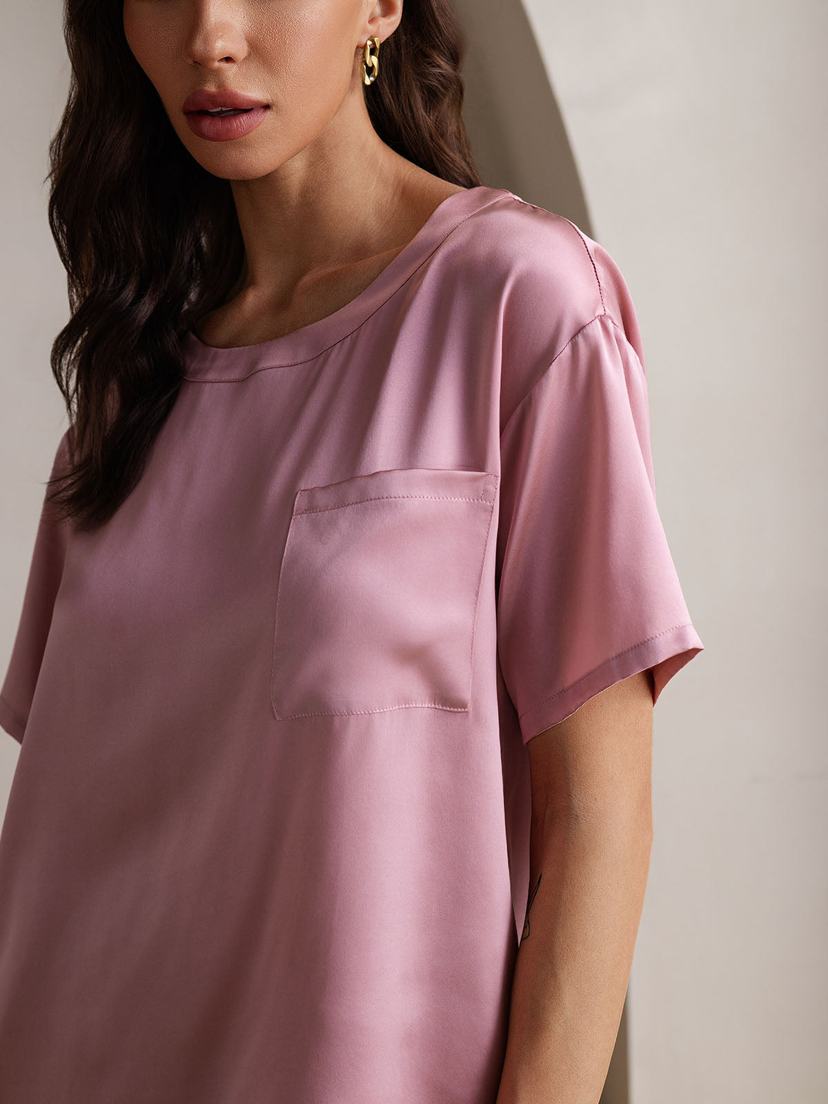 Women's Pure Silk Short Sleeve Round Neck Above the Knee Pyjamas Set