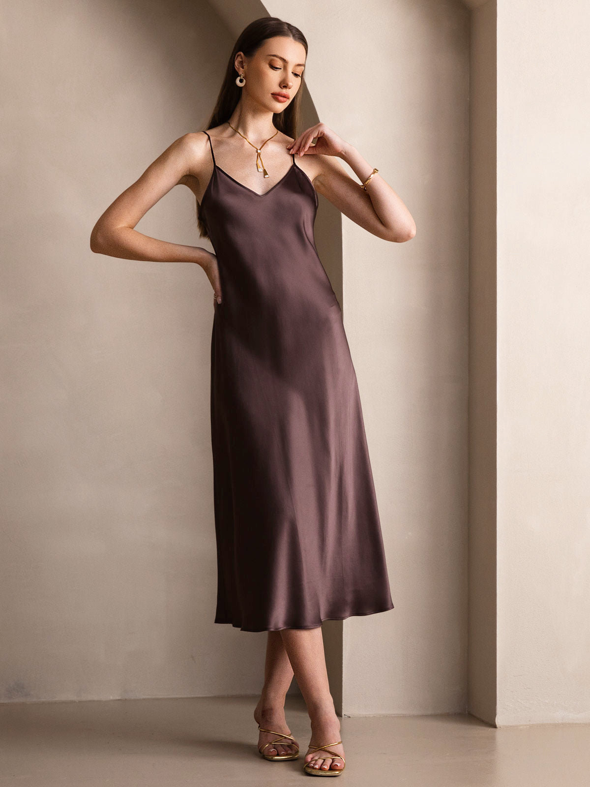 Pure Silk Spaghetti Strap V Neck Midi Dress