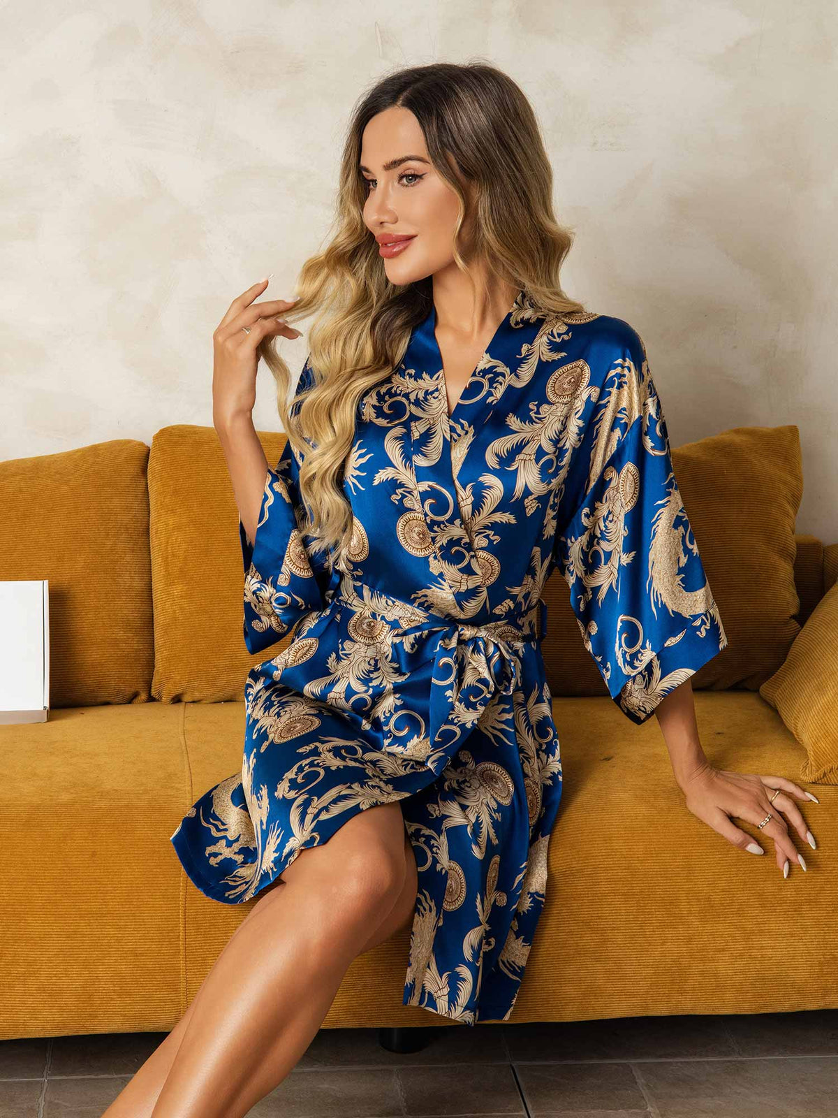 Pure Silk Dragon Print 3/4 Sleeve Women's Kimono Dressing Gown With Belt