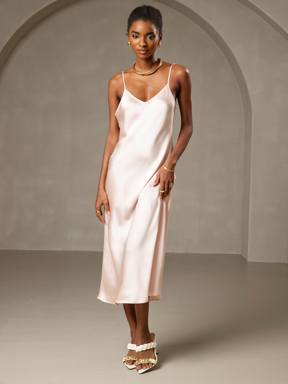 Pure Silk Spaghetti Strap V Neck Midi Dress
