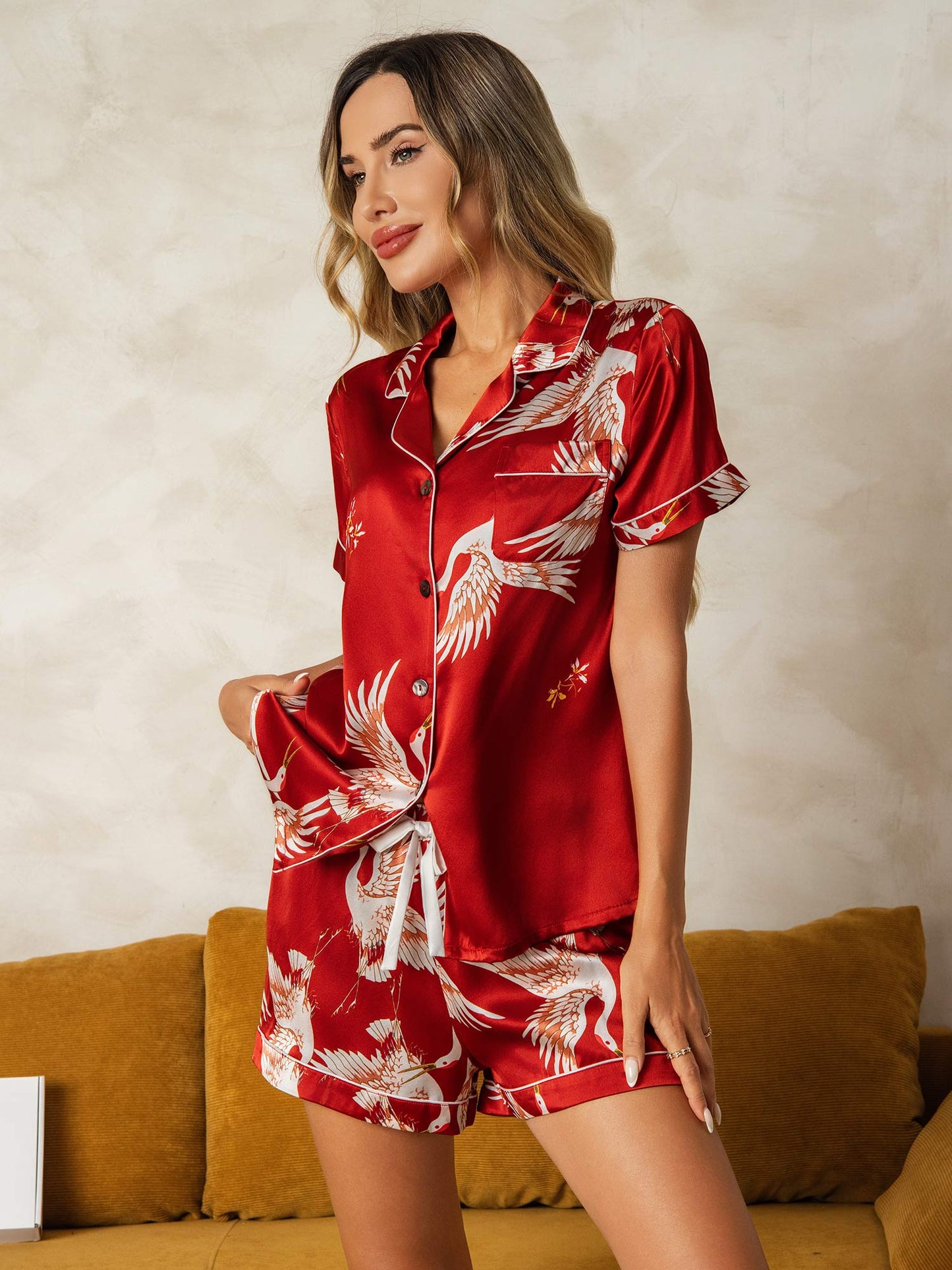 19Momme Women's Pure Silk Crane Print Short Sleeve Notch Collar Pyjamas Set