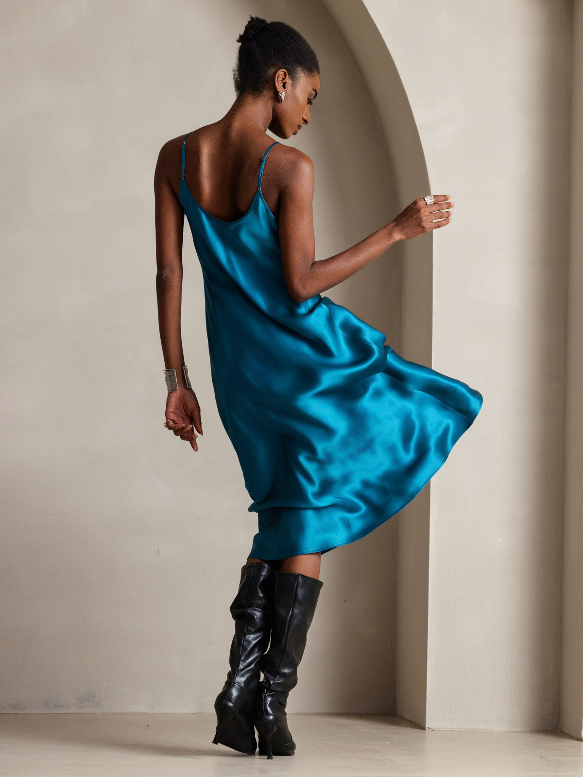 Pure Silk Spaghetti Strap V Neck Midi Dress