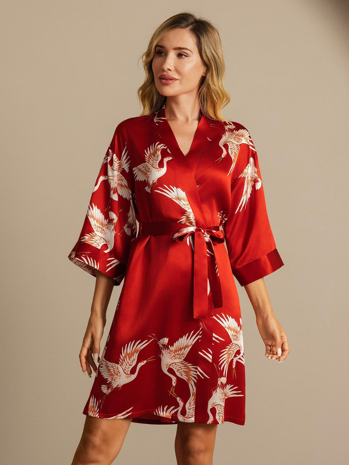19Momme Pure Silk Crane Print Belted Wrap Women's Kimono Robe