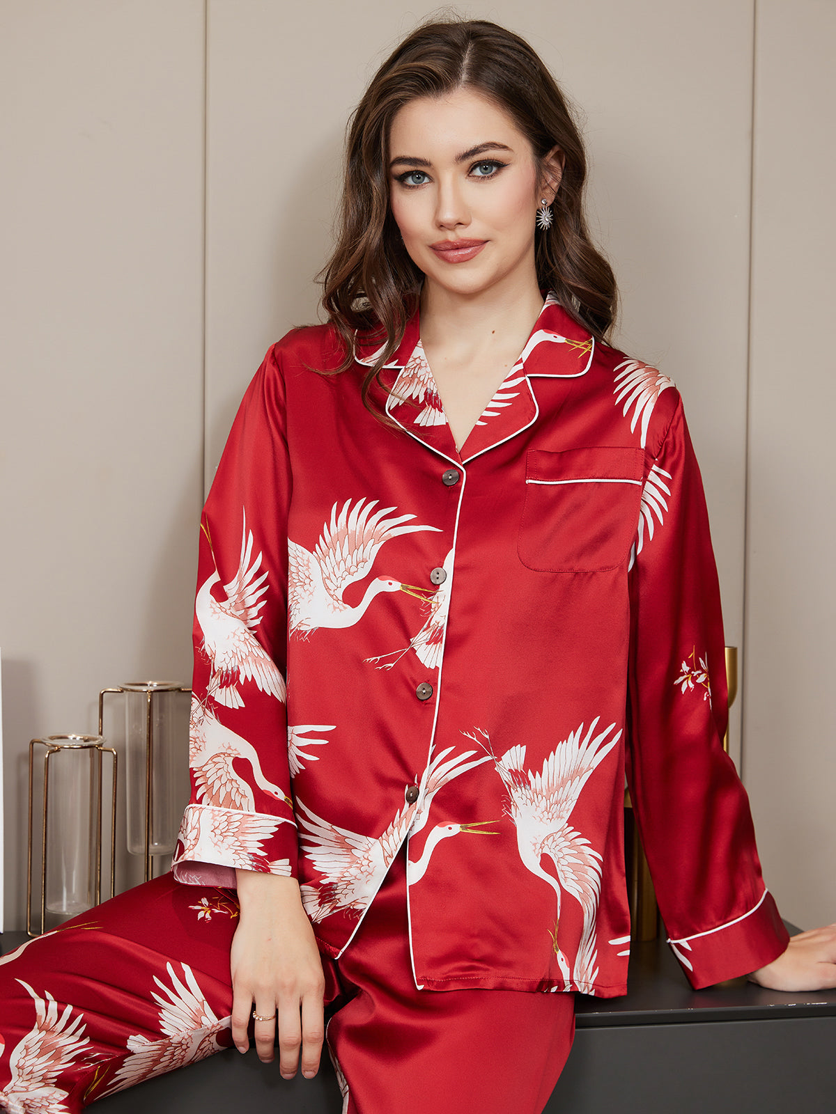 19Momme Pure Silk Crane Print Women's Long Sleeve Notch Collar Pyjamas Set