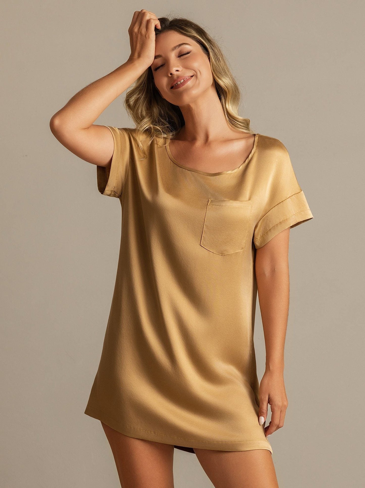 19Momme Washable Silk Short Sleeve Round Neck Short Nightdress