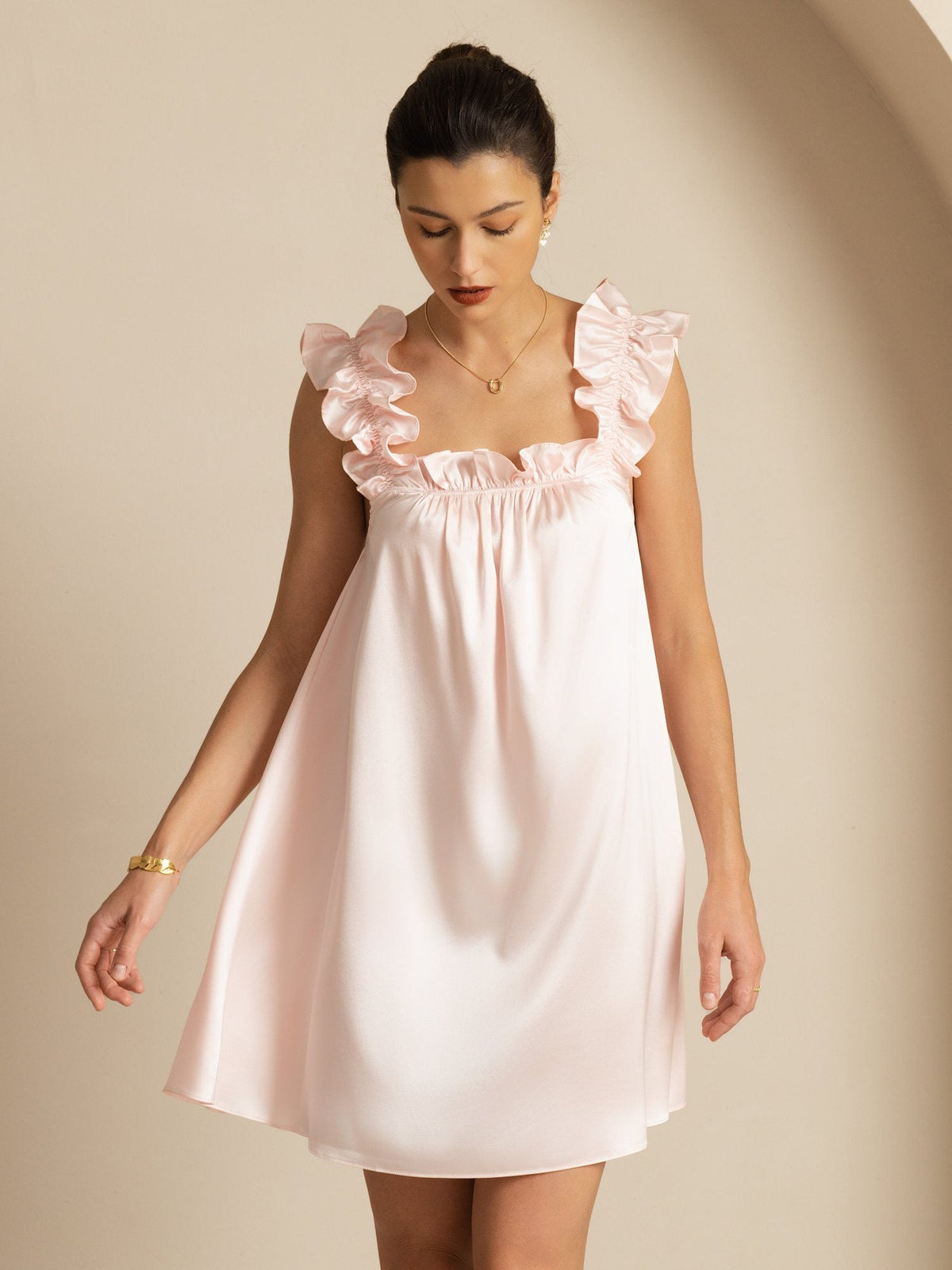 19Momme Silk Ruffle Strap Square Neck  Babydoll A-Line Short Dress