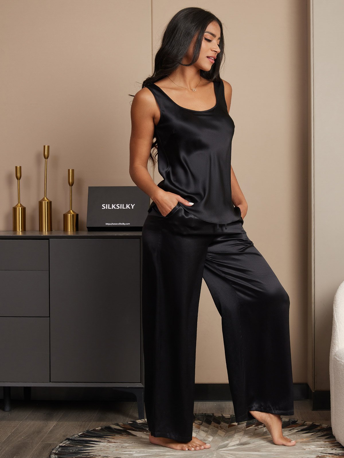 Pure Silk Sleeveless U-Neck Tank Top & Wide Leg Pants Set