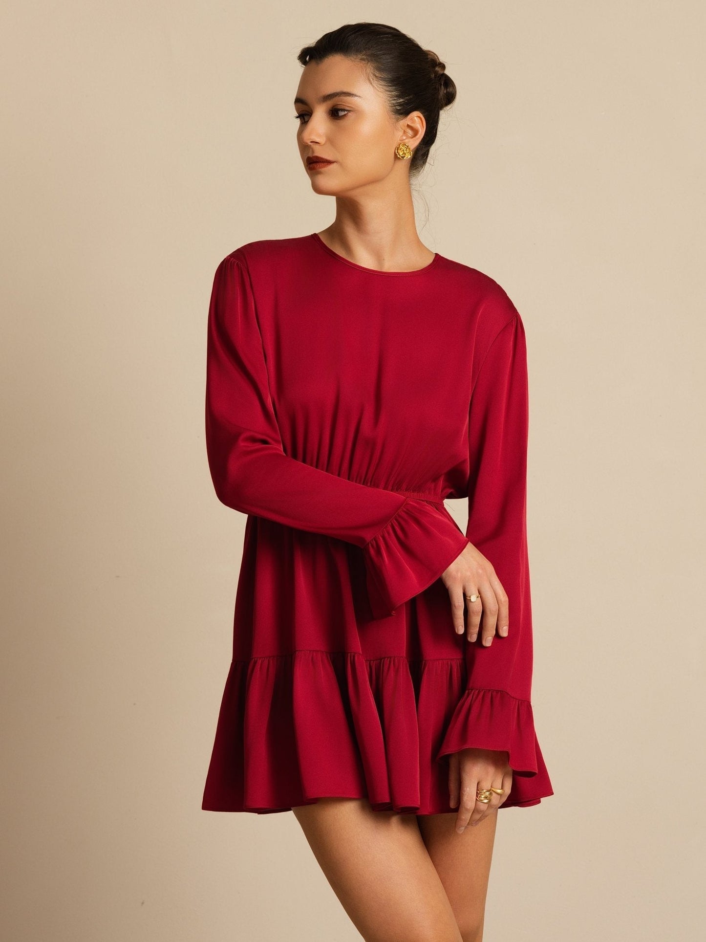 19Momme Silk  Ruffle Sleeves Short A-Line Flowy Dress