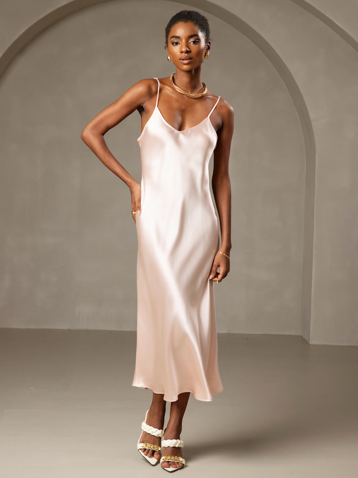 Pure Silk Spaghetti Strap Midi Dress