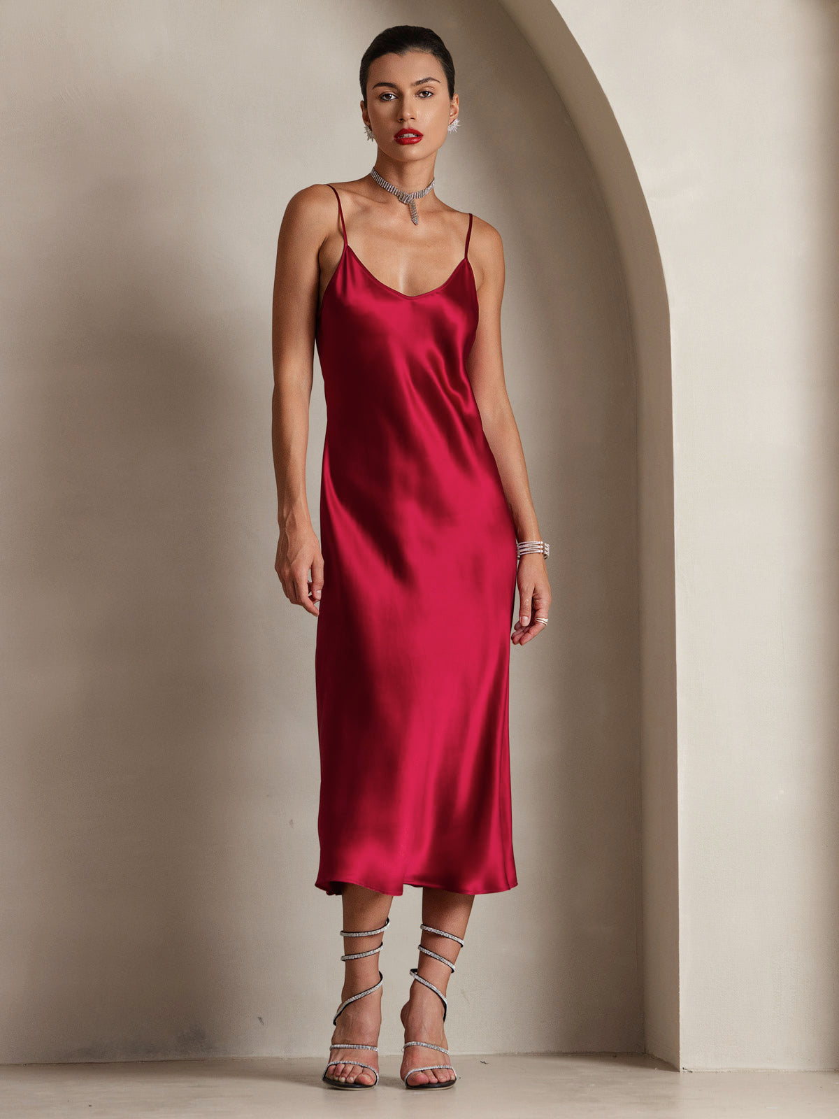 Pure Silk Spaghetti Strap Midi Dress