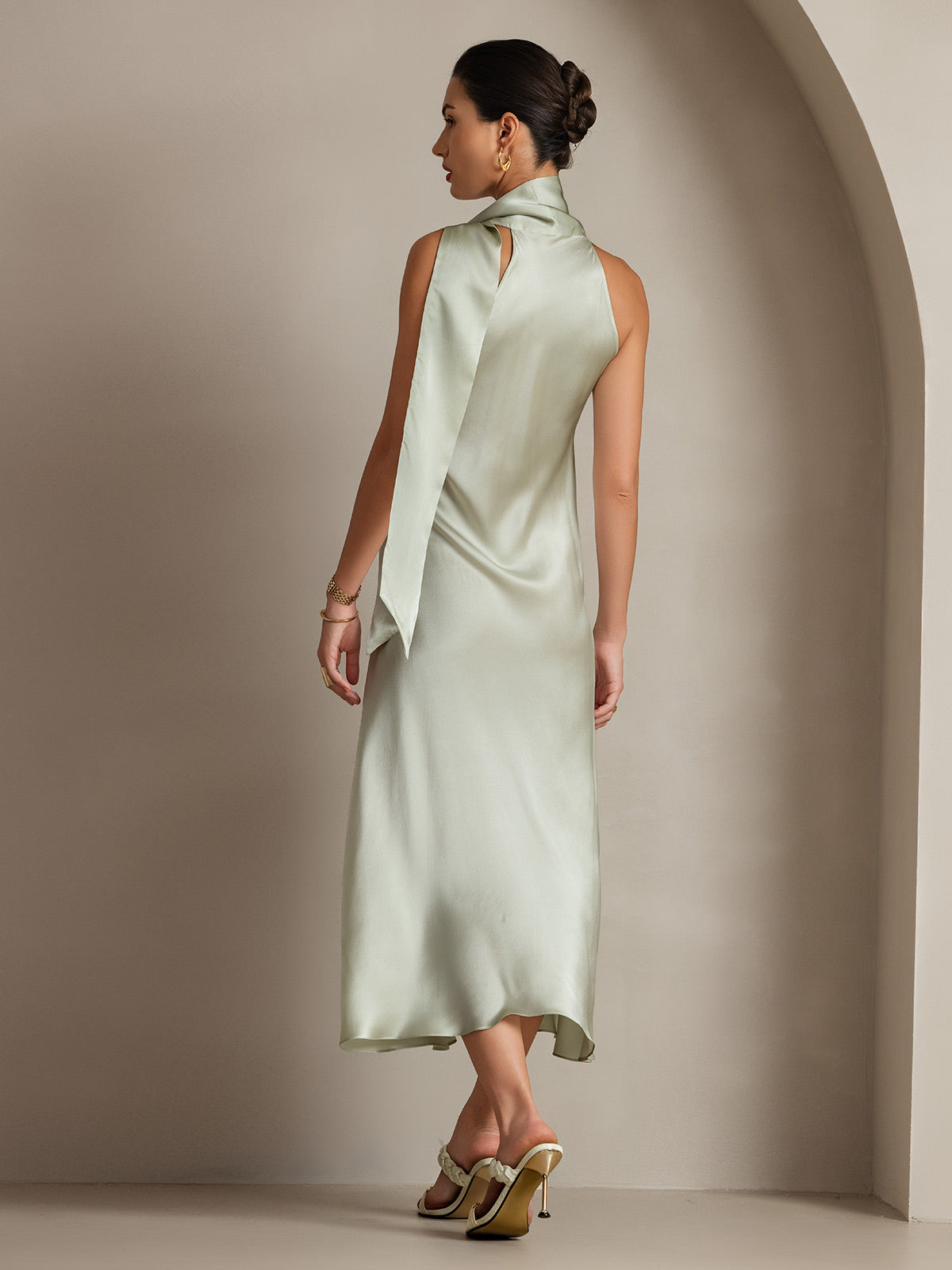 19Momme Silk Sleeveless Tie Neck Midi Dress