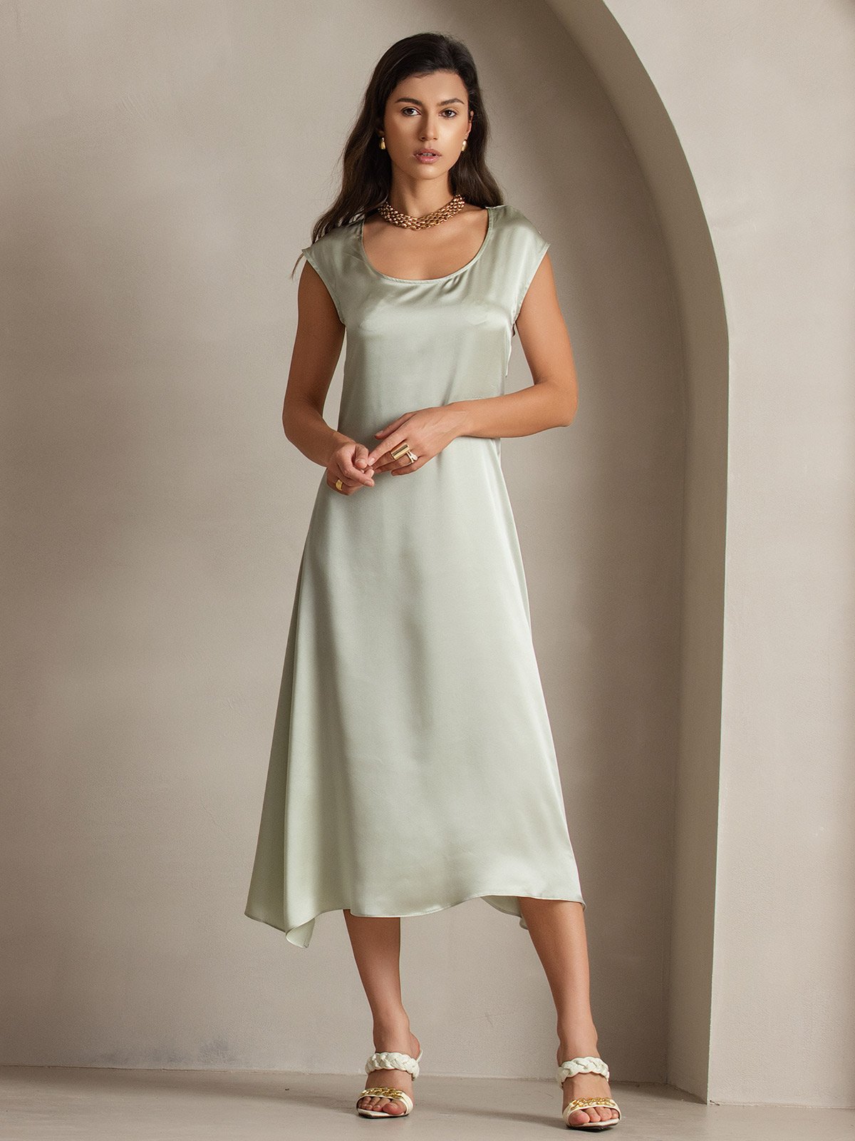 19Momme Silk Cap Sleeve Round Neck Midi Dress