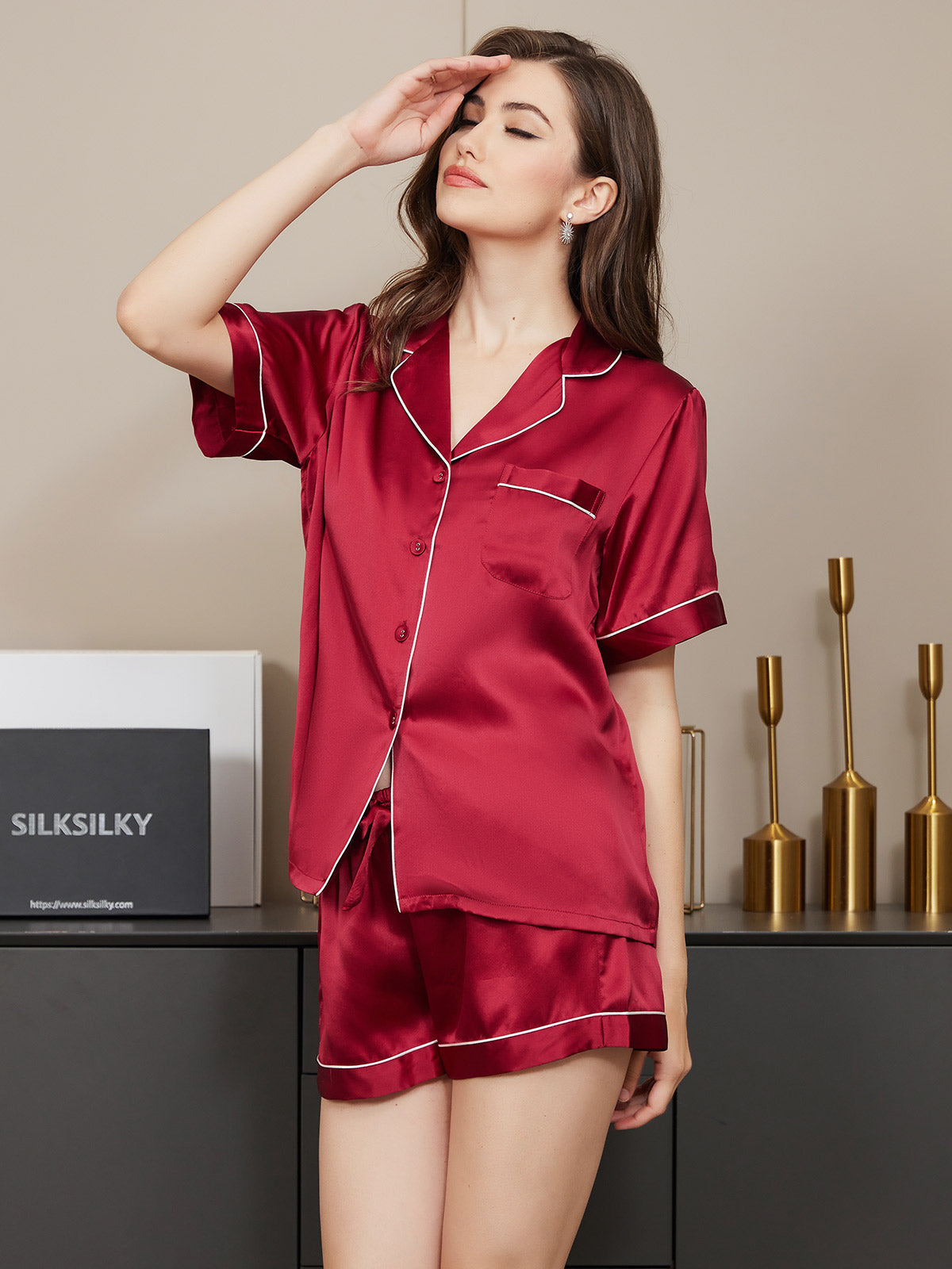 Pure Silk Short Sleeve Notch Collar Above the Knee Women's Pyjamas Set