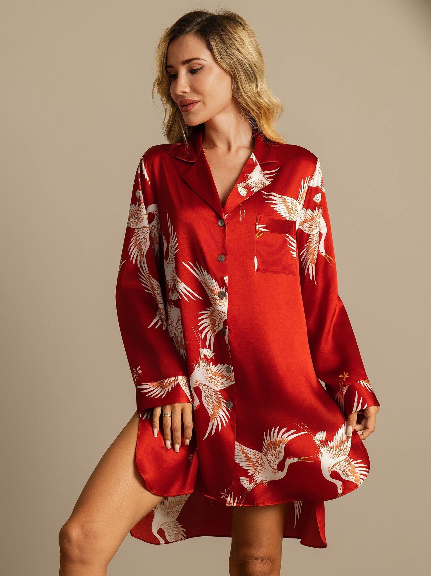 19Momme Pure Silk Crane Print Nightshirt with High-Low Hem