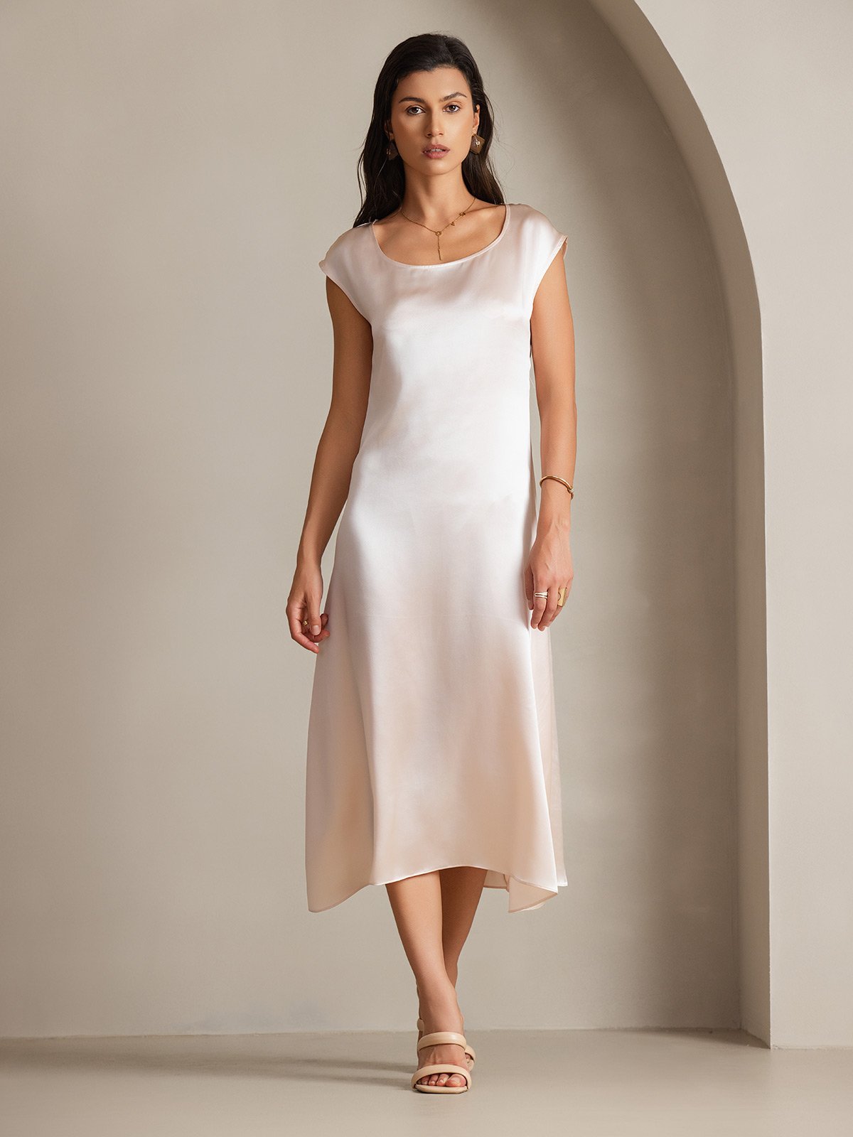 19Momme Silk Cap Sleeve Round Neck Midi Dress