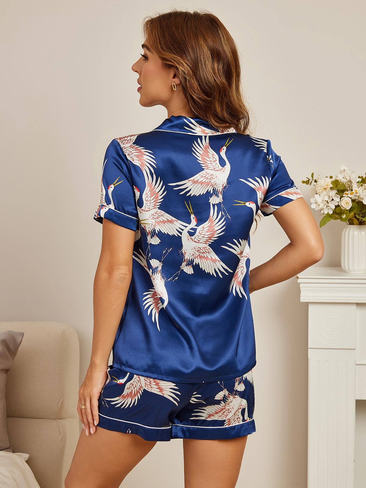 19Momme Women's Pure Silk Crane Print Short Sleeve Notch Collar Pyjamas Set