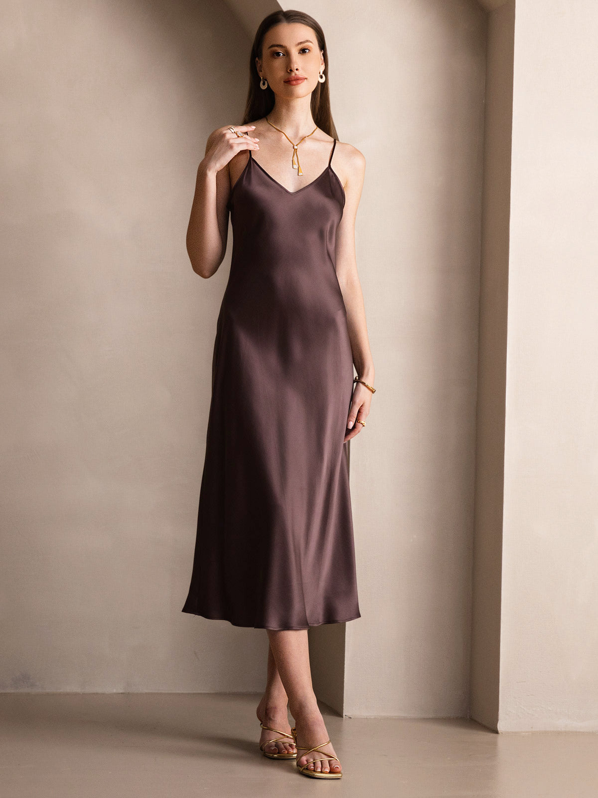Pure Silk Spaghetti Strap Midi Dress