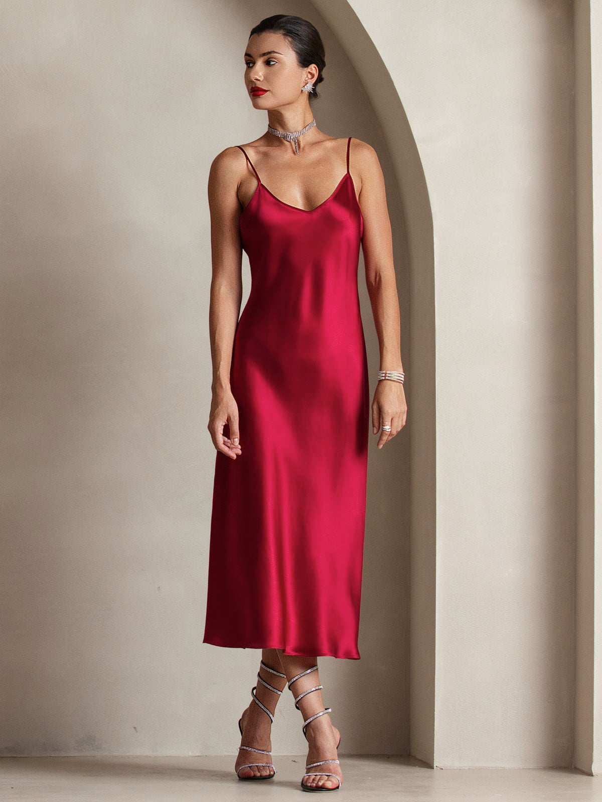 Pure Silk Spaghetti Strap Midi Dress