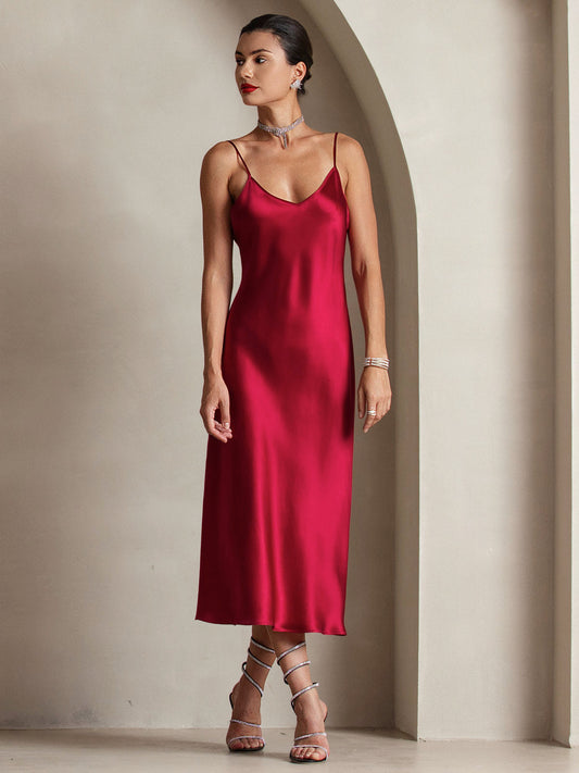 Pure Silk Spaghetti Strap Midi Dress