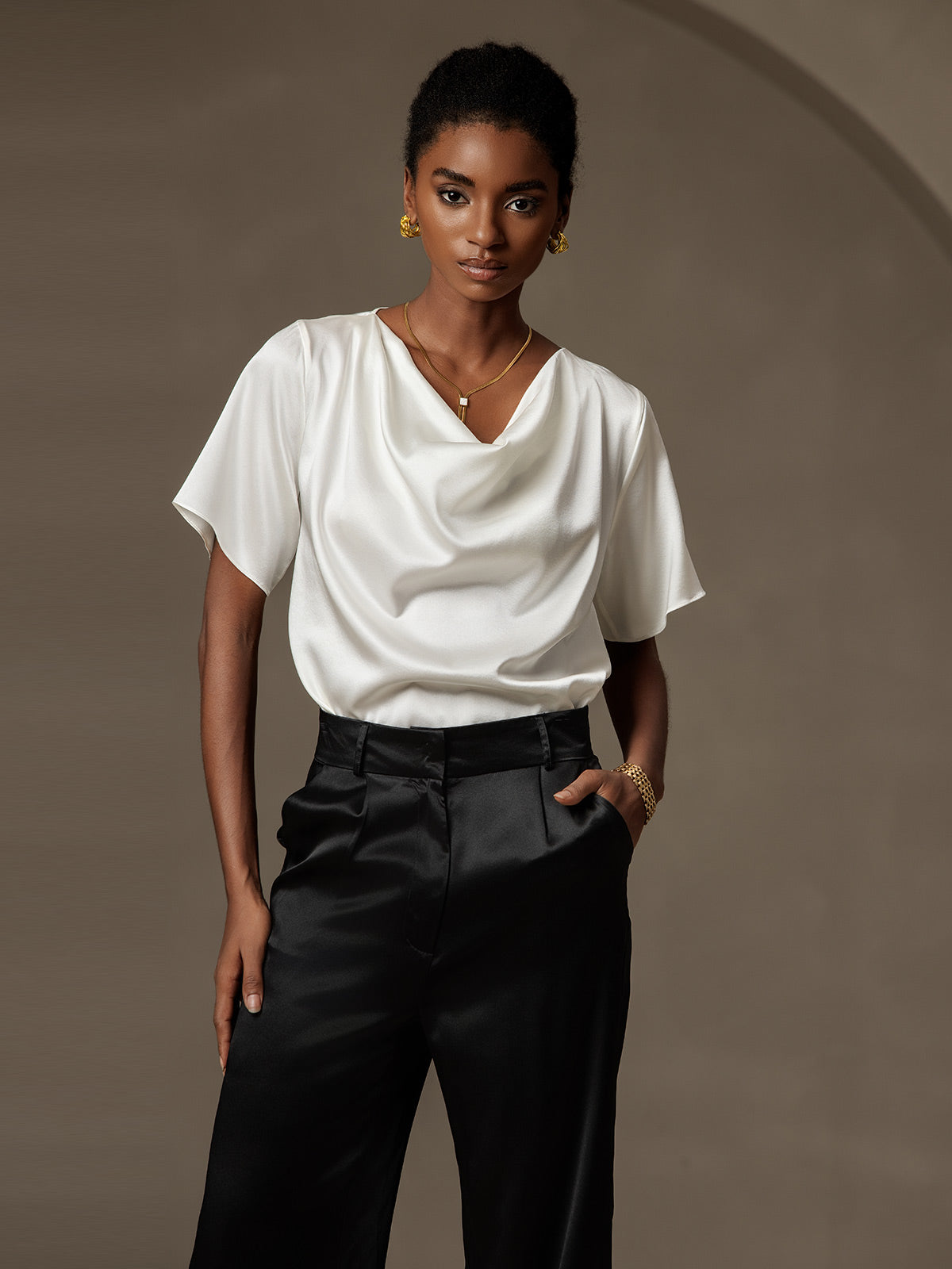 19Momme Women's Silk Short Sleeve Cowl Neck T-Shirt